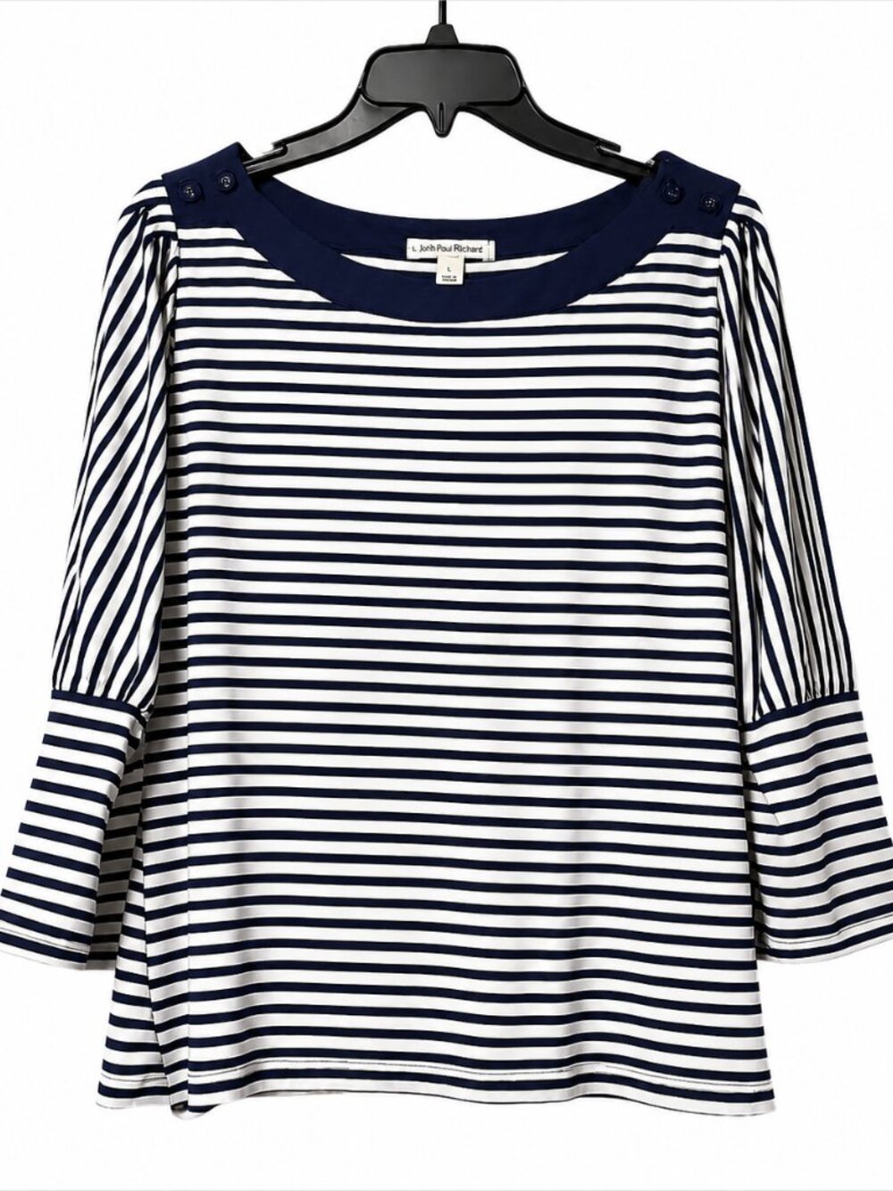 John Paul Richard Navy & White Striped Boat Neck Top | Large | Nautical Bell Sle